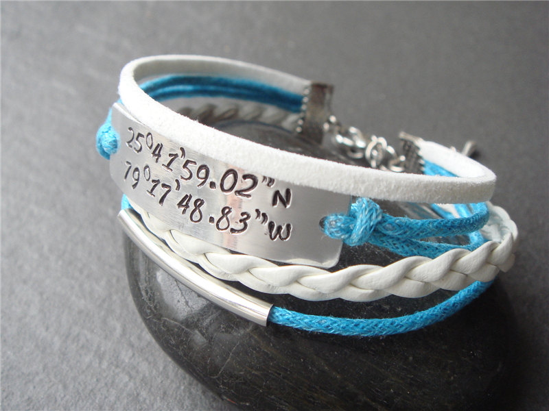 Latitude Longitude Bracelet, Customized Coordinates Hand Stamped Bracelet- Personalized To Your Favorite Place