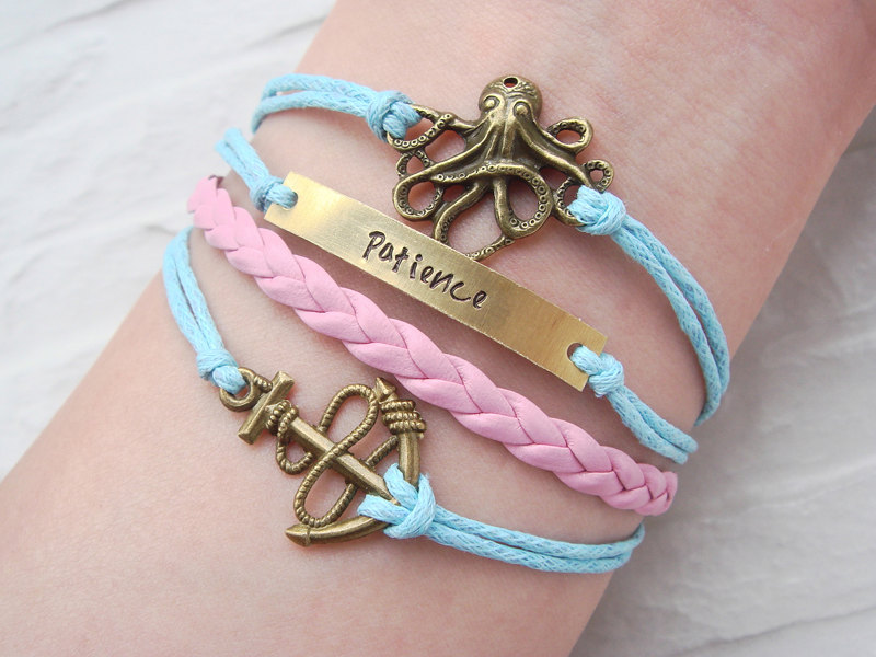 Patience Bracelet, Octopus Bracelet, Anchor Bracelet, Engraved Bracelet, Pink Braid Bracelet, Personalized Gift